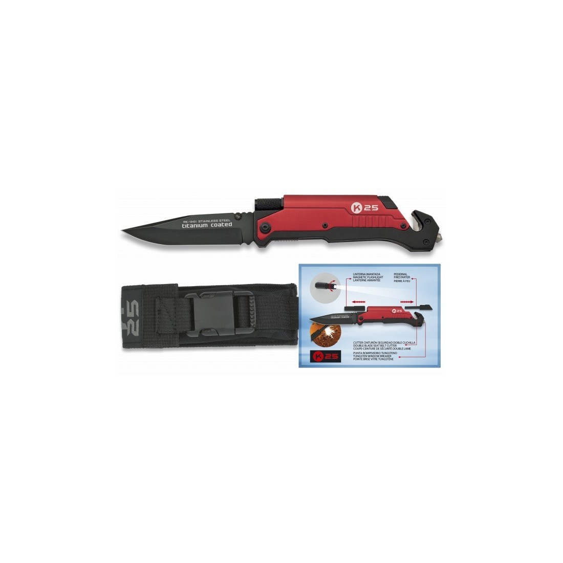 Coltello K25 con Torcia e Scintillatrice Rosso