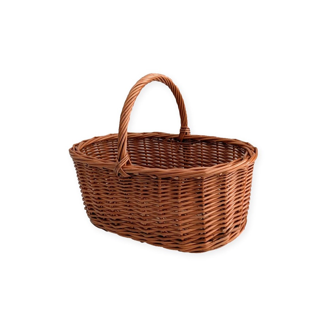 Petit panier à champignons en osier verni artisanal pour la cueillette en forêt.