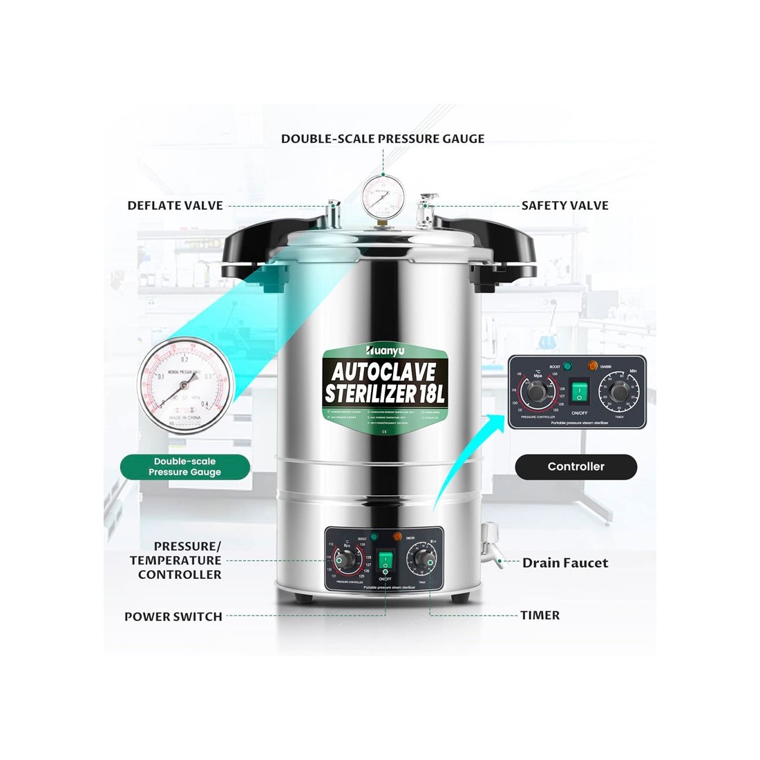 Autoclave 18L Esterilizador Vapor Alta Presión - Regulable