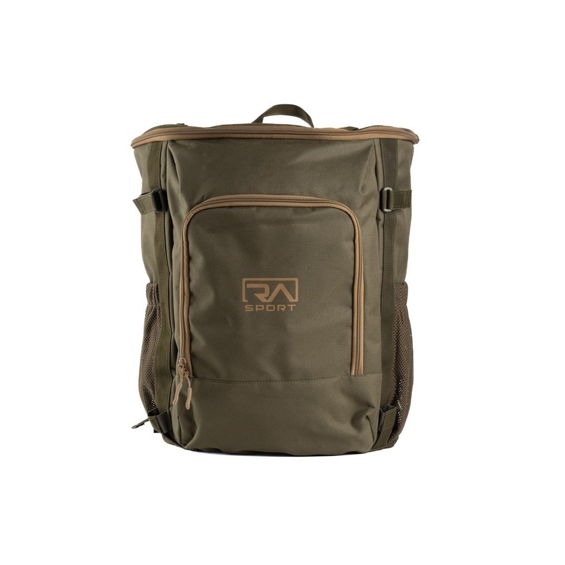 Mochila verde oliva para recolección con bolsillos frontales, correas laterales y diseño rectangular resistente.