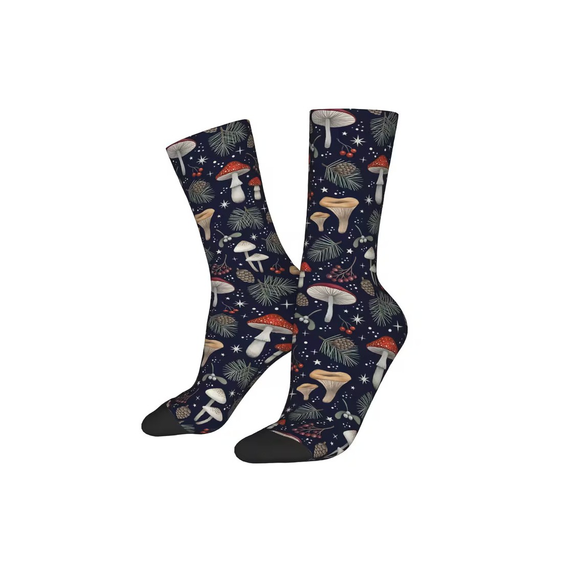 Calcetines azul marino con estampado de setas de colores y motas blancas. Tienen la puntera y el talón negros.