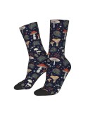 Blue 3D printed mushroom socks with winter forest design, mid-calf stretch fabric.
