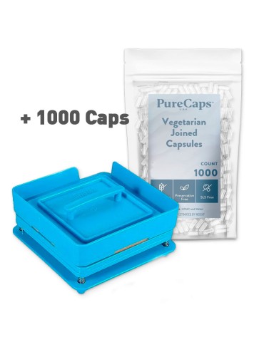 Máquina manual de enchimento de cápsulas com 1000 cápsulas de gelatina para suplementos e pós.