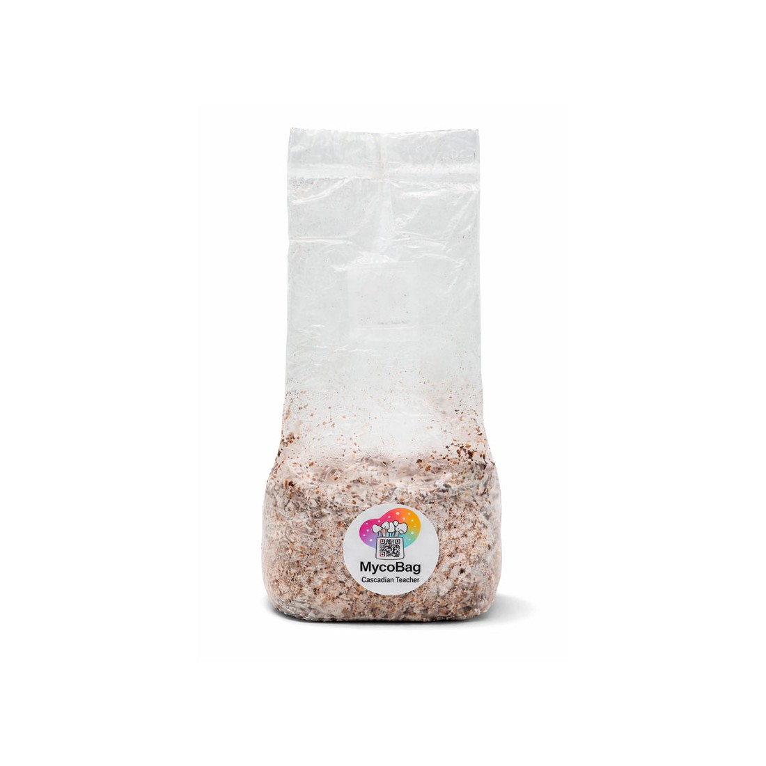 Bolsa transparente Myco-Bag de 450 g con sustrato orgánico marrón y una etiqueta blanca con logotipo multicolor.