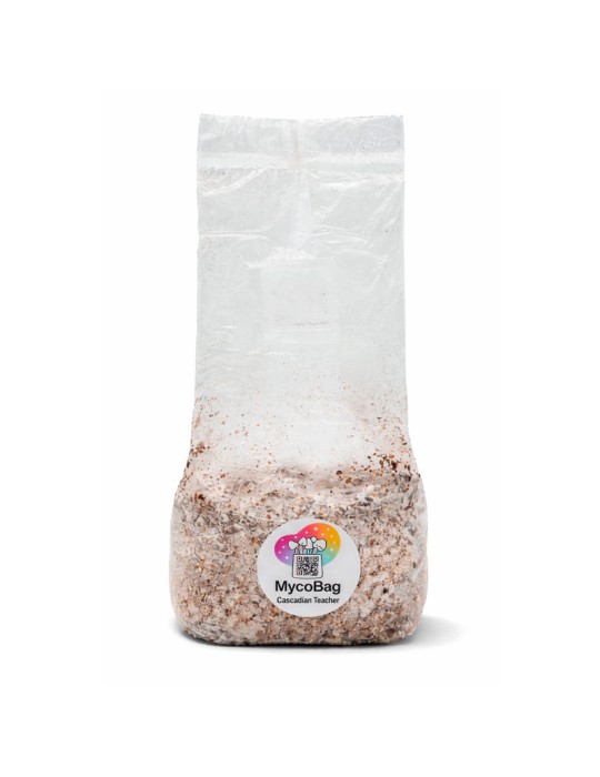 Bolsa transparente Myco-Bag de 450 g con sustrato orgánico marrón y una etiqueta blanca con logotipo multicolor.