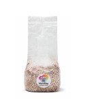 Bolsa transparente Myco-Bag de 450 g con sustrato orgánico marrón y una etiqueta blanca con logotipo multicolor.