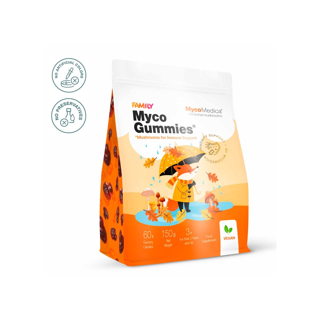 Bolsa naranja de MycoGummies 150g con un zorro ilustrado. Contiene gominolas de setas medicinales de color marrón oscuro.