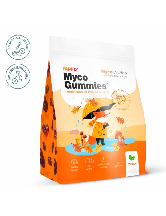 Bolsa naranja de MycoGummies 150g con un zorro ilustrado. Contiene gominolas de setas medicinales de color marrón oscuro.