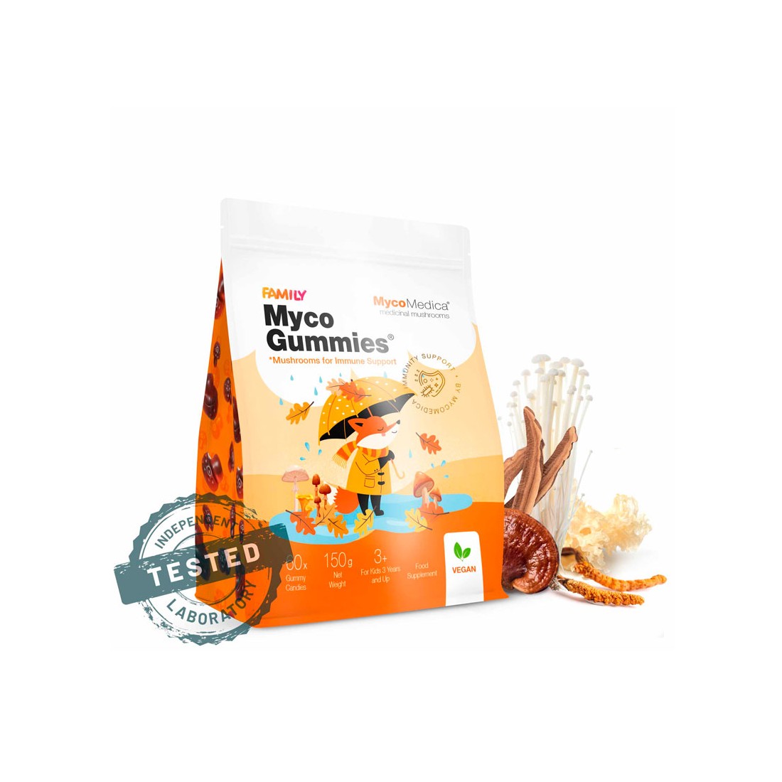 Bolsa de MycoGummies de 150g en blanco y naranja, junto a una variedad de setas medicinales deshidratadas.