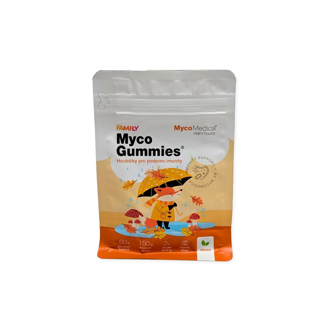 Bolsa de MycoGummies 150g, diseño blanco y naranja con un zorro ilustrado con paraguas y pequeñas setas medicinales.