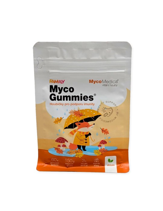 Bolsa de MycoGummies 150g, diseño blanco y naranja con un zorro ilustrado con paraguas y pequeñas setas medicinales.