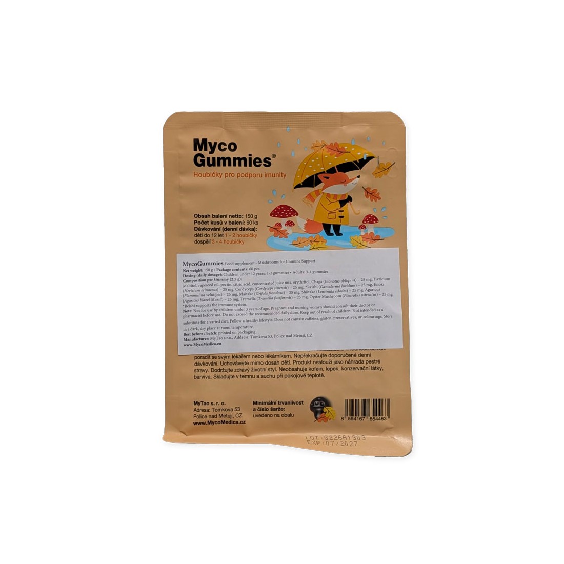 Bolsa de papel kraft marrón de MycoGummies 150g con ilustración de un zorro, setas y etiqueta de ingredientes.