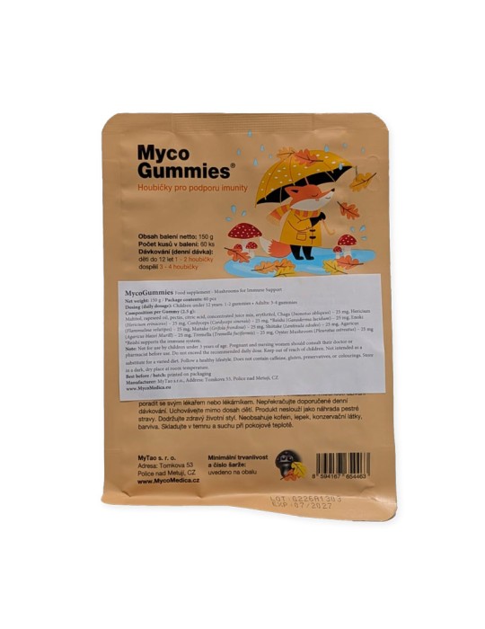 Bolsa de papel kraft marrón de MycoGummies 150g con ilustración de un zorro, setas y etiqueta de ingredientes.