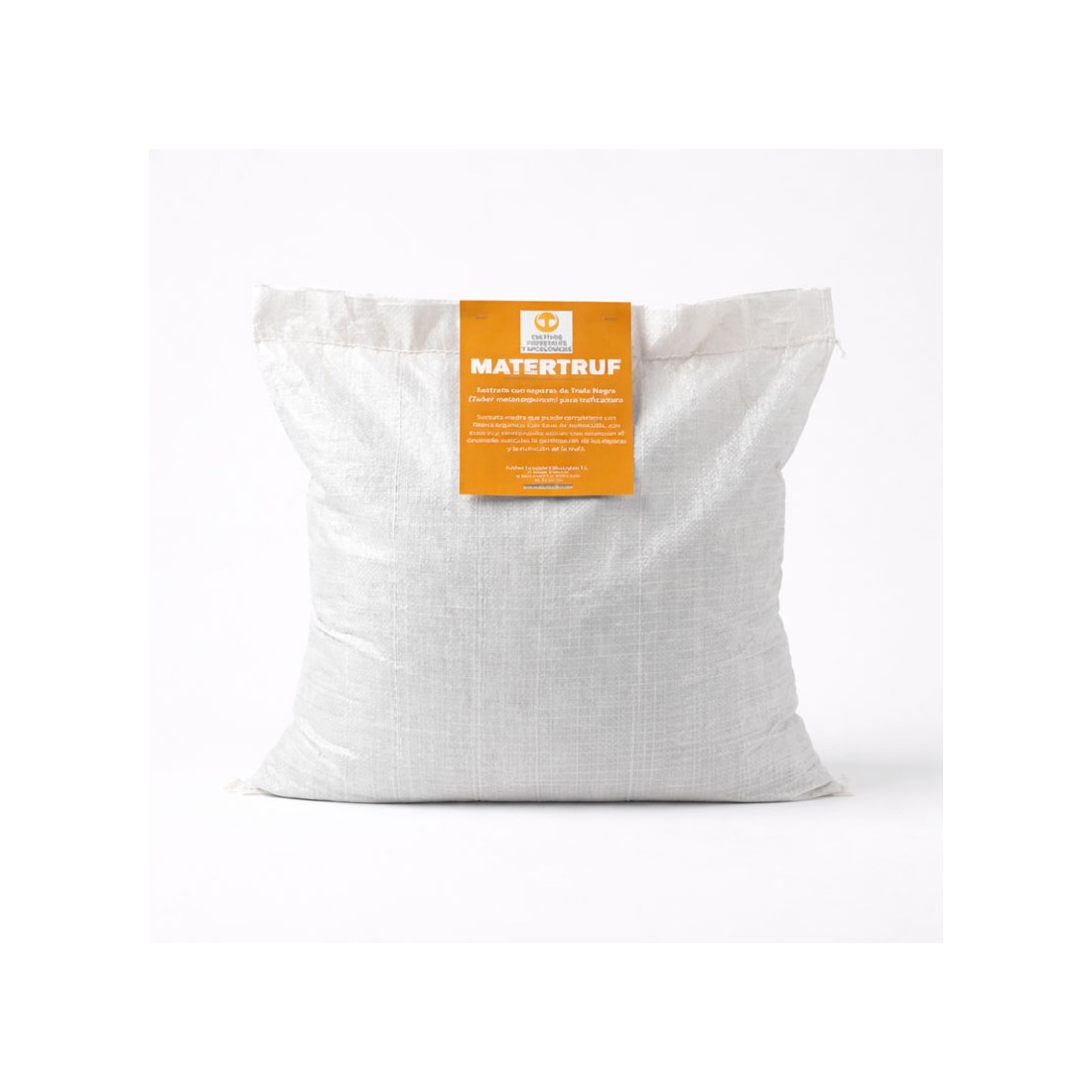 Saco blanco de rafia con sustrato sólido Matertruf y una etiqueta naranja rectangular en la parte frontal.