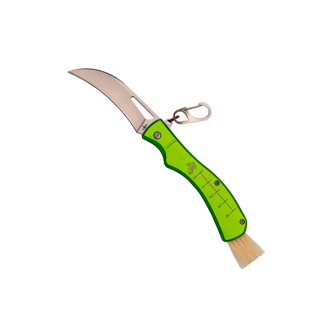 Coltello per funghi Third N207 con lama in acciaio, manico in alluminio verde e spazzola integrata.