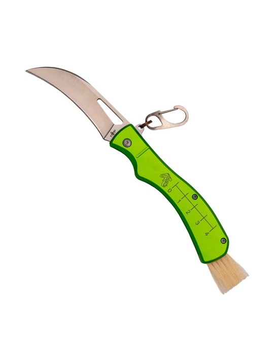 Couteau à champignons Third N207 avec lame en acier, manche en aluminium vert et brosse de nettoyage.