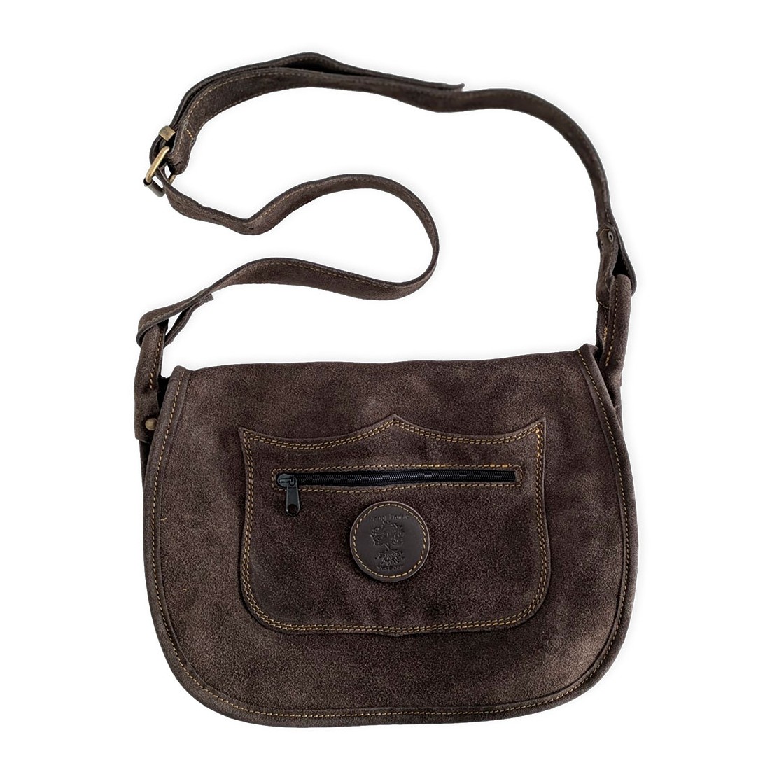 Morral trufero de serraje con tres compartimentos y bandolera regulable para recolección de trufas, 40x30 cm.