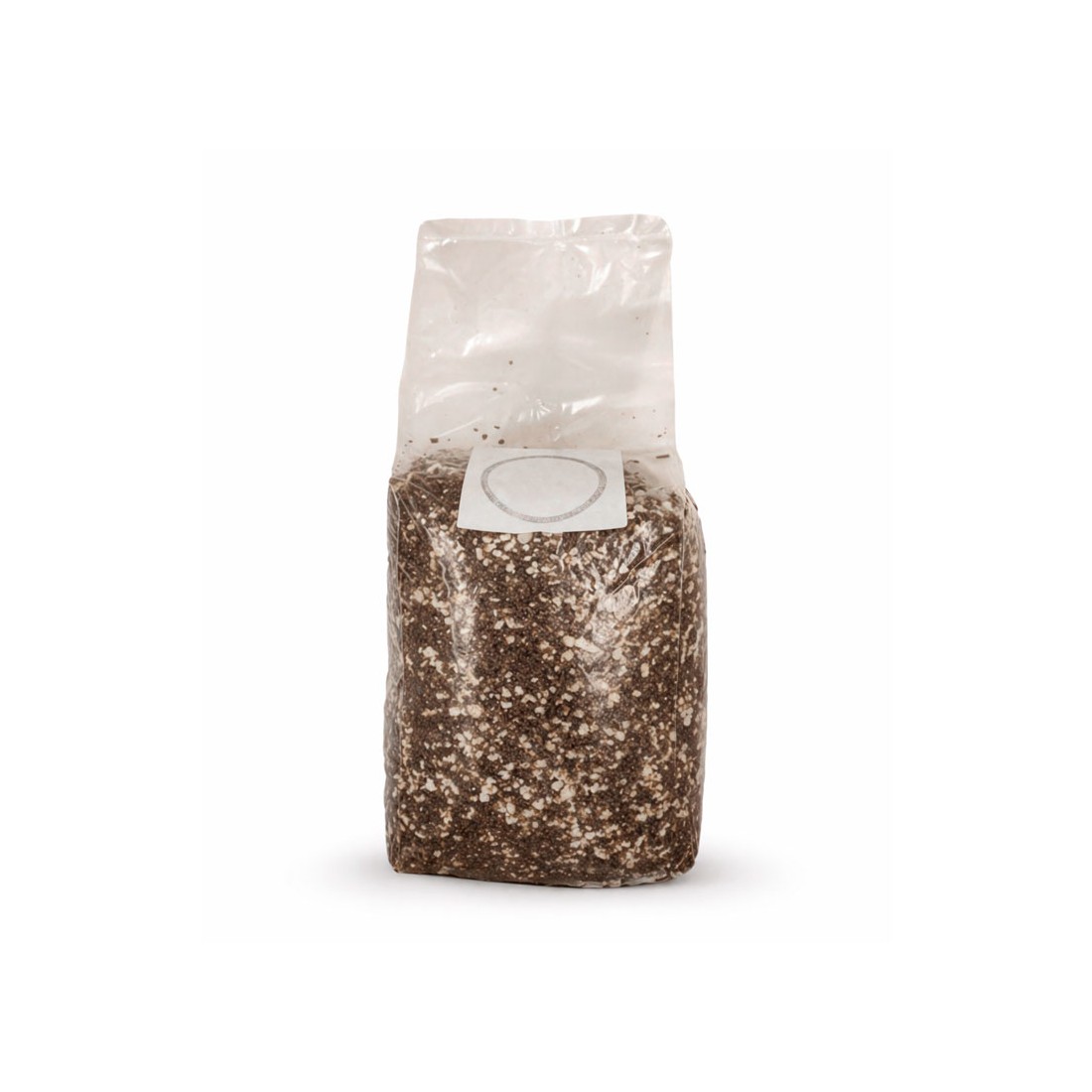 Sustrato de fibra de coco estéril con vermiculita para cultivo de setas en bolsa con filtro.