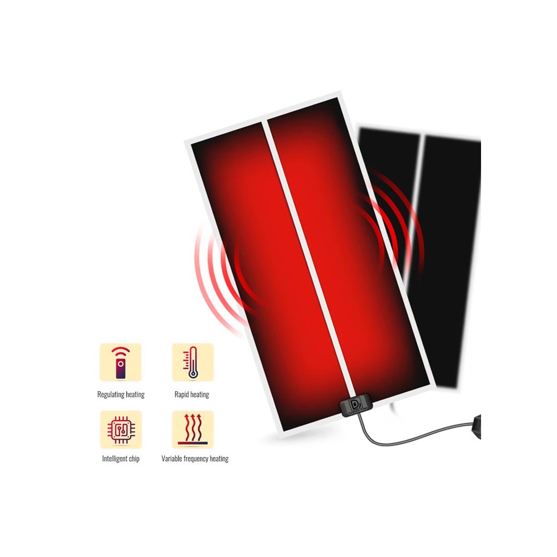 Manta térmica rectangular XL de 28W, color negro con luz roja, cable de conexión y regulador de temperatura ajustable.