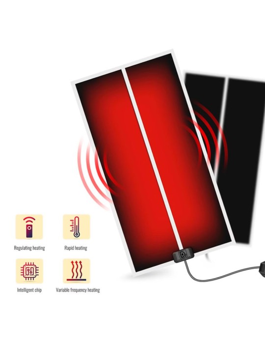 Manta térmica rectangular XL de 28W, color negro con luz roja, cable de conexión y regulador de temperatura ajustable.