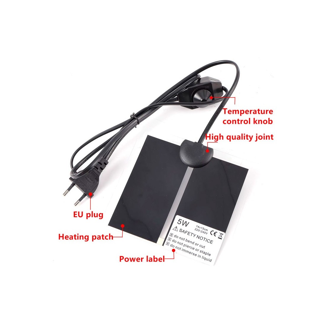 Manta térmica rectangular negra y flexible con regulador de temperatura manual, cable largo y enchufe europeo.