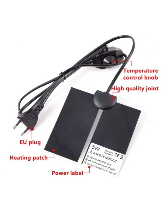 Manta térmica rectangular negra y flexible con regulador de temperatura manual, cable largo y enchufe europeo.