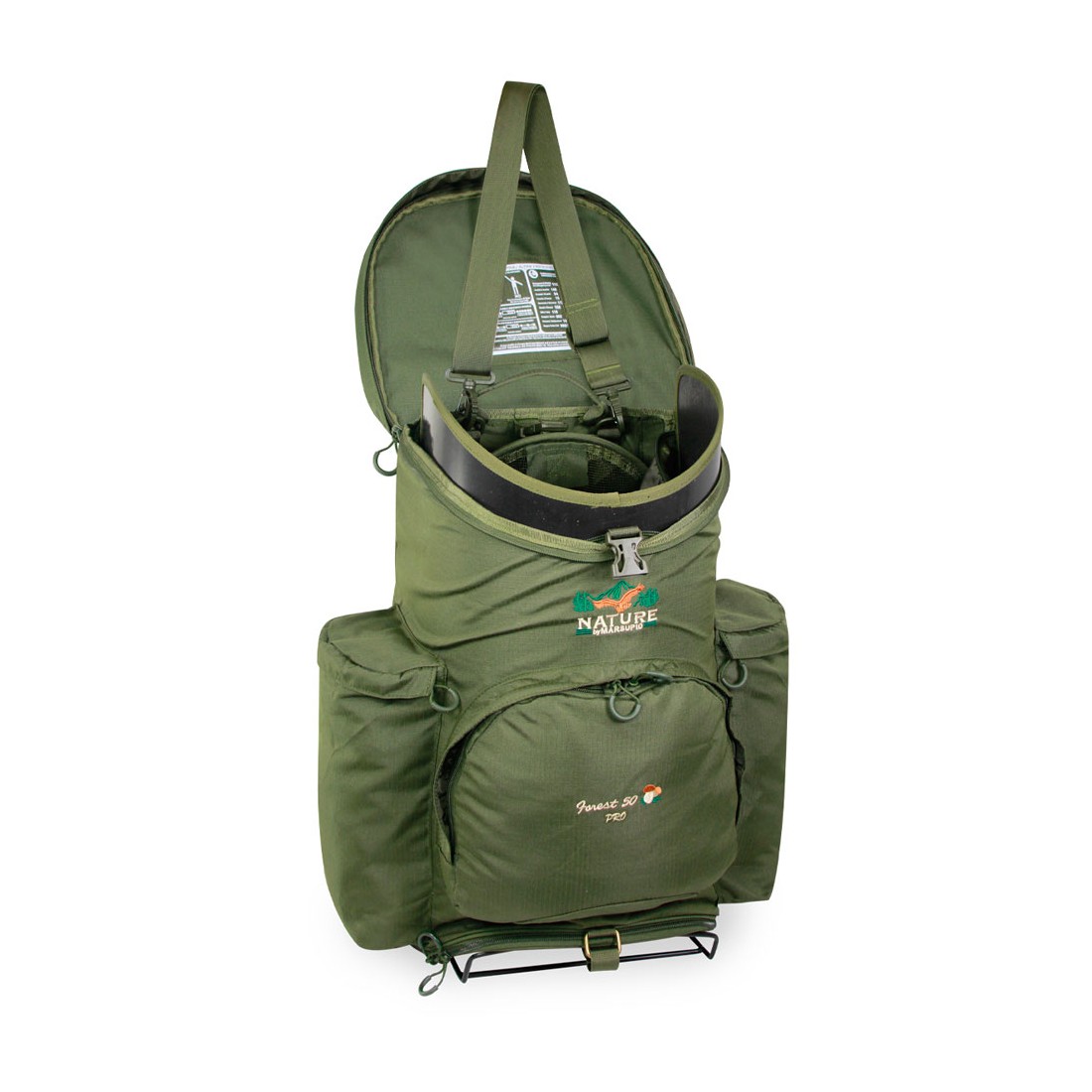 Zaino per funghi Marsupio Nature 50L verde, ergonomico e resistente con scomparti per la raccolta funghi.