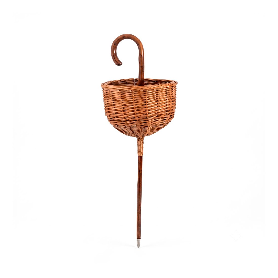 Chestnut walking stick with built-in wicker basket | handcrafted with a varnished finish