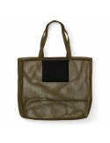 Olivgrüne Pilz-Netztasche in rechteckiger Form mit Doppelgriffen und schwarzer Fronttasche.