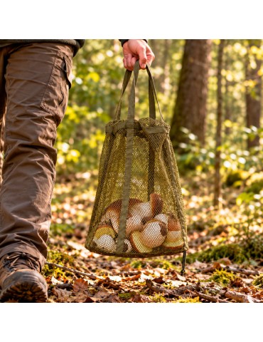 Borsa a rete verde oliva per funghi con base circolare, chiusura regolabile con coulisse e due manici per il trasporto. 2