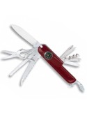Red 11-function multi-tool pocket knife with integrated compass and stainless steel blades for outdoor adventures.