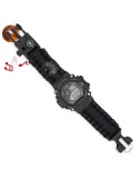 Reloj digital de supervivencia negro con brújula, termómetro y pulsera de paracord.