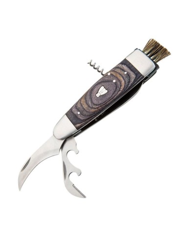 Grey Laguiole mushroom knife, Pakka wood handle, stainless steel blade, boar hair brush, opener and corkscrew.