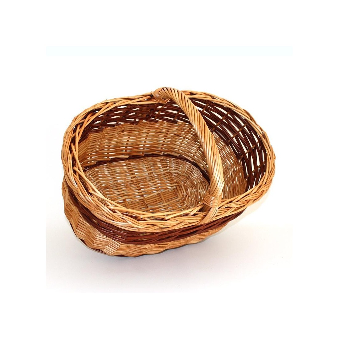 large bicolor wicker basket with low handle