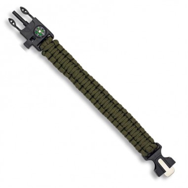 Paracord bracelet with whistle and flint compass Green