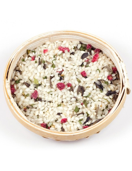 Risotto de trompetas y frambuesas