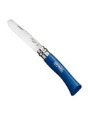 Navaja Opinel Junior azul con hoja de acero inoxidable de punta redonda y mango de madera ergonómico.