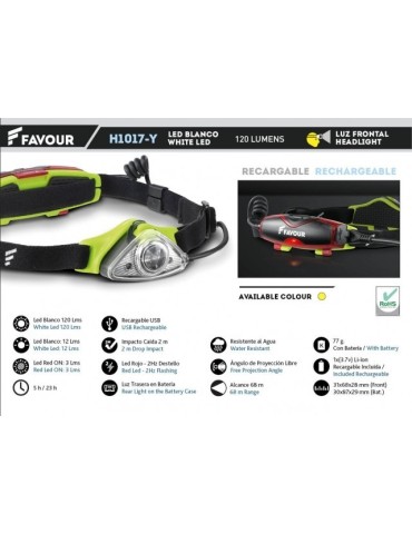 Linterna Frontal Recargable 120LM Amarilla